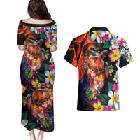 Hawaiian Lei Day Couples Matching Puletasi and Hawaiian Shirt Colorful Plumeria and Volcanic Turtle with Abstract Lava Texture LT03 - Polynesian Pride