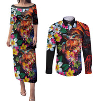Hawaiian Lei Day Couples Matching Puletasi and Long Sleeve Button Shirt Colorful Plumeria and Volcanic Turtle with Abstract Lava Texture LT03 Black - Polynesian Pride