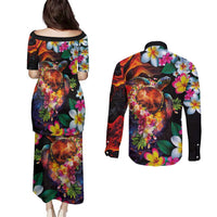 Hawaiian Lei Day Couples Matching Puletasi and Long Sleeve Button Shirt Colorful Plumeria and Volcanic Turtle with Abstract Lava Texture LT03 - Polynesian Pride