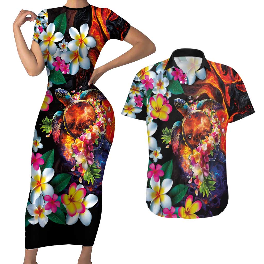 Hawaiian Lei Day Couples Matching Short Sleeve Bodycon Dress and Hawaiian Shirt Colorful Plumeria and Volcanic Turtle with Abstract Lava Texture