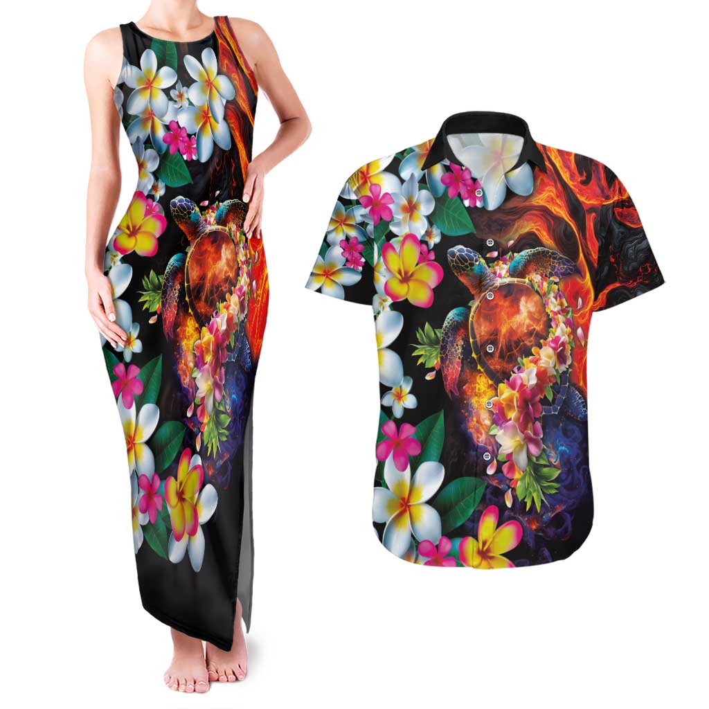 Hawaiian Lei Day Couples Matching Tank Maxi Dress and Hawaiian Shirt Colorful Plumeria and Volcanic Turtle with Abstract Lava Texture