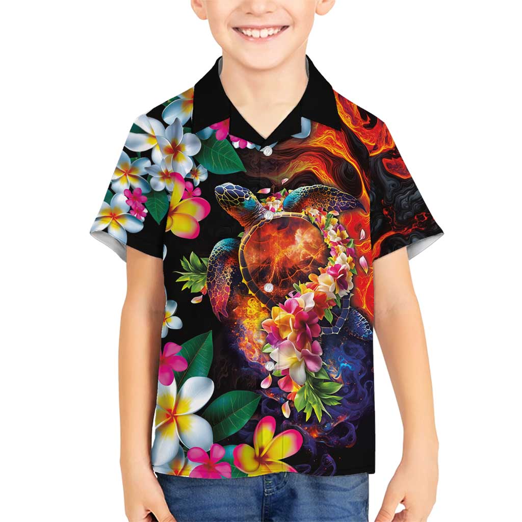 Hawaiian Lei Day Family Matching Long Sleeve Bodycon Dress and Hawaiian Shirt Colorful Plumeria and Volcanic Turtle with Abstract Lava Texture