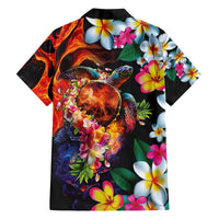 Hawaiian Lei Day Family Matching Off The Shoulder Long Sleeve Dress and Hawaiian Shirt Colorful Plumeria and Volcanic Turtle with Abstract Lava Texture