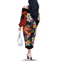 Hawaiian Lei Day Family Matching Off The Shoulder Long Sleeve Dress and Hawaiian Shirt Colorful Plumeria and Volcanic Turtle with Abstract Lava Texture