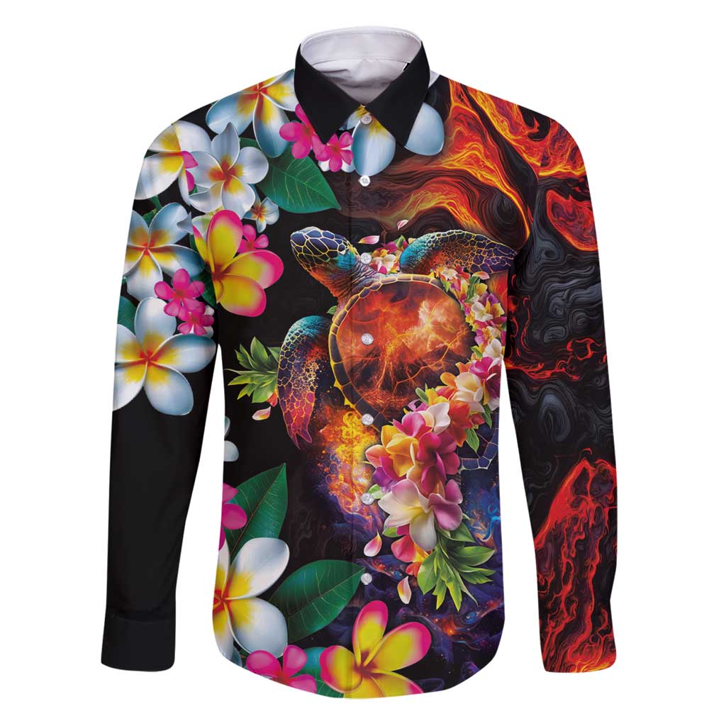 Hawaiian Lei Day Family Matching Puletasi and Hawaiian Shirt Colorful Plumeria and Volcanic Turtle with Abstract Lava Texture LT03 Dad's Shirt - Long Sleeve Black - Polynesian Pride