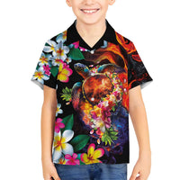 Hawaiian Lei Day Family Matching Puletasi and Hawaiian Shirt Colorful Plumeria and Volcanic Turtle with Abstract Lava Texture LT03 Son's Shirt Black - Polynesian Pride