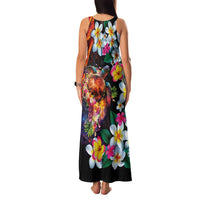 Hawaiian Lei Day Family Matching Tank Maxi Dress and Hawaiian Shirt Colorful Plumeria and Volcanic Turtle with Abstract Lava Texture