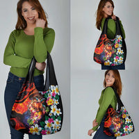 Hawaiian Lei Day Grocery Bag Colorful Plumeria and Volcanic Turtle with Abstract Lava Texture