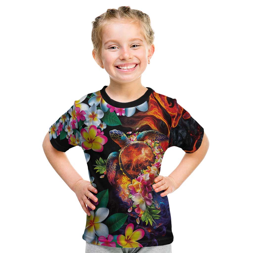 Hawaiian Lei Day Kid T Shirt Colorful Plumeria and Volcanic Turtle with Abstract Lava Texture LT03 Black - Polynesian Pride
