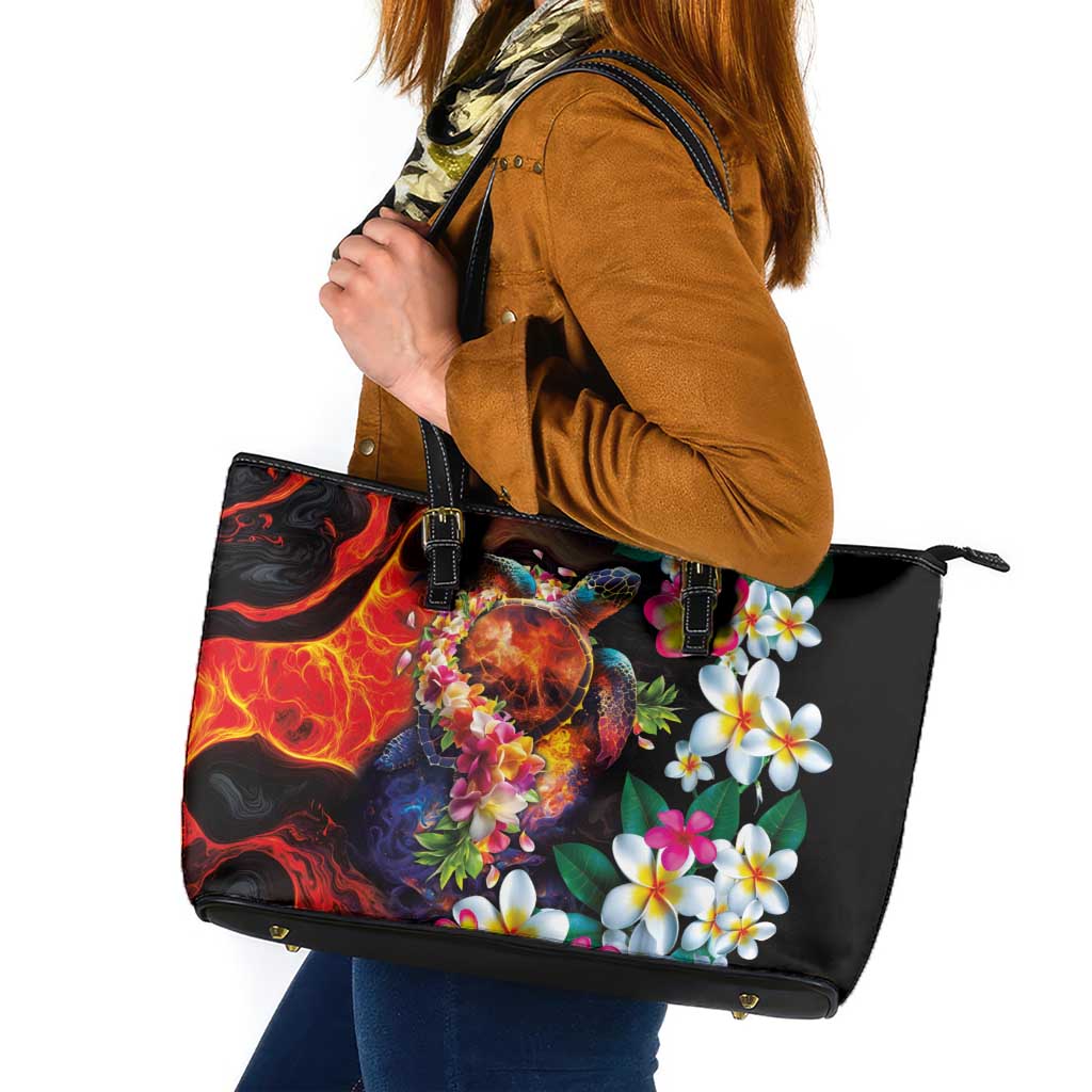 Hawaiian Lei Day Leather Tote Bag Colorful Plumeria and Volcanic Turtle with Abstract Lava Texture LT03 Black - Polynesian Pride