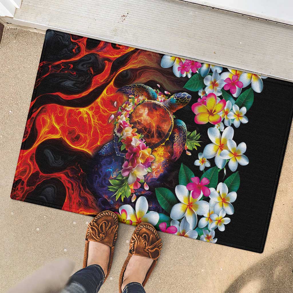 Hawaiian Lei Day Rubber Doormat Colorful Plumeria and Volcanic Turtle with Abstract Lava Texture