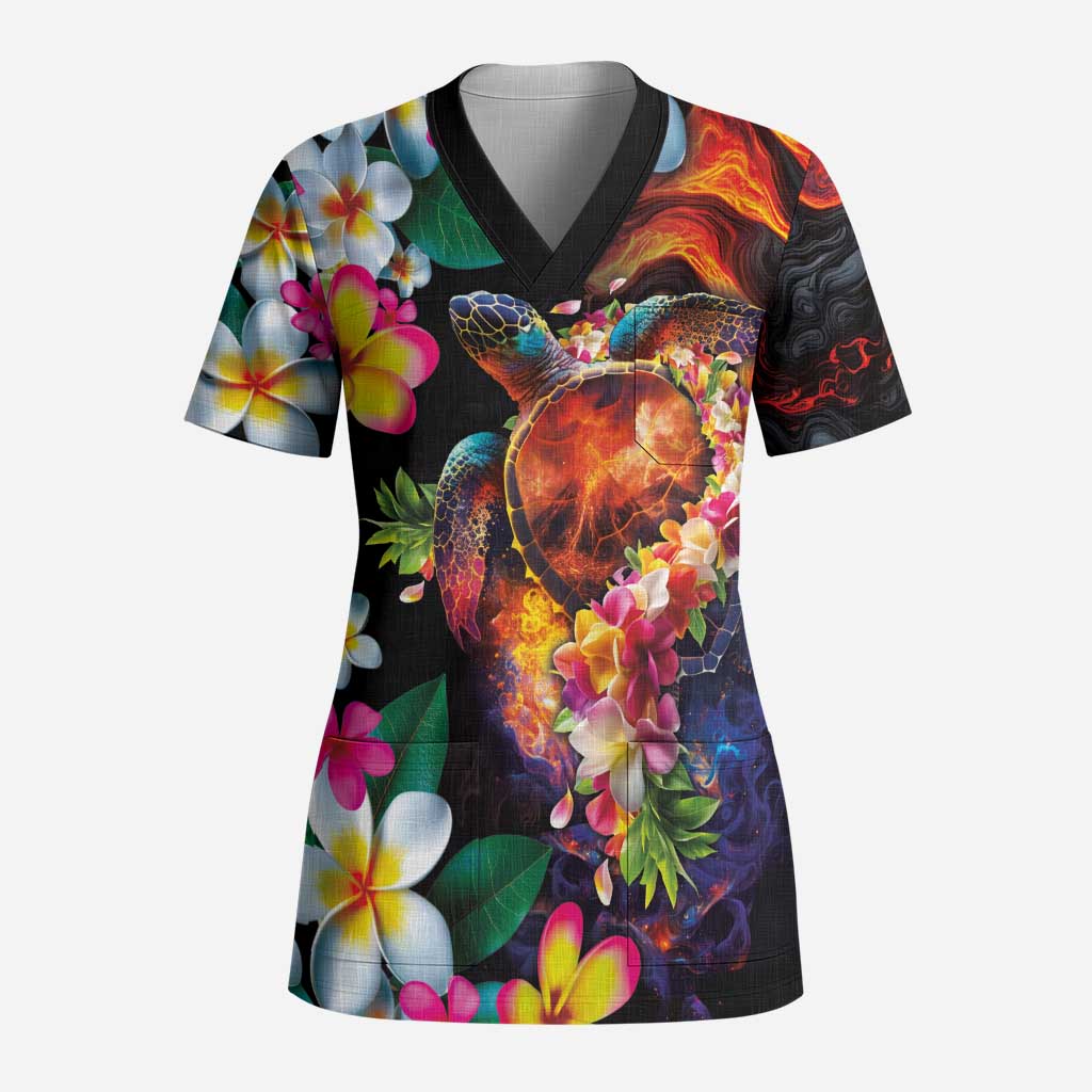 Hawaiian Lei Day Scrub Top Colorful Plumeria and Volcanic Turtle with Abstract Lava Texture - Polynesian Pride