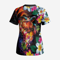 Hawaiian Lei Day Scrub Top Colorful Plumeria and Volcanic Turtle with Abstract Lava Texture - Polynesian Pride