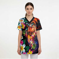 Hawaiian Lei Day Scrub Top Colorful Plumeria and Volcanic Turtle with Abstract Lava Texture - Polynesian Pride