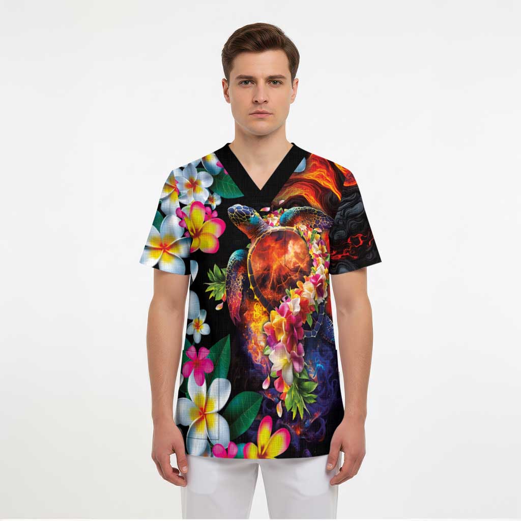 Hawaiian Lei Day Scrub Top Colorful Plumeria and Volcanic Turtle with Abstract Lava Texture - Polynesian Pride