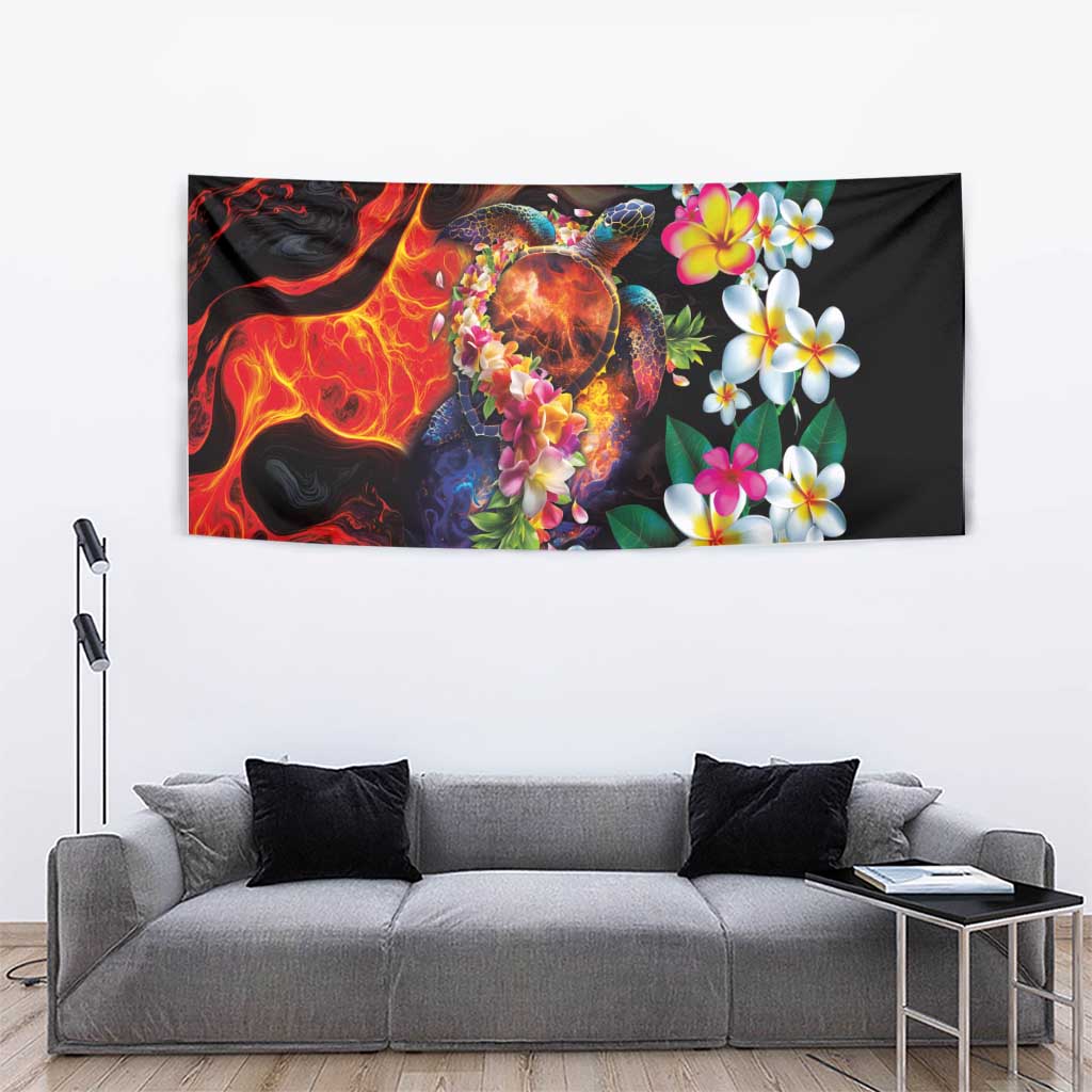 Hawaiian Lei Day Tapestry Colorful Plumeria and Volcanic Turtle with Abstract Lava Texture