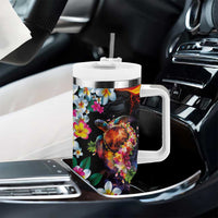 Hawaiian Lei Day Tumbler With Handle Colorful Plumeria and Volcanic Turtle with Abstract Lava Texture