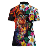 Hawaiian Lei Day Women Polo Shirt Colorful Plumeria and Volcanic Turtle with Abstract Lava Texture