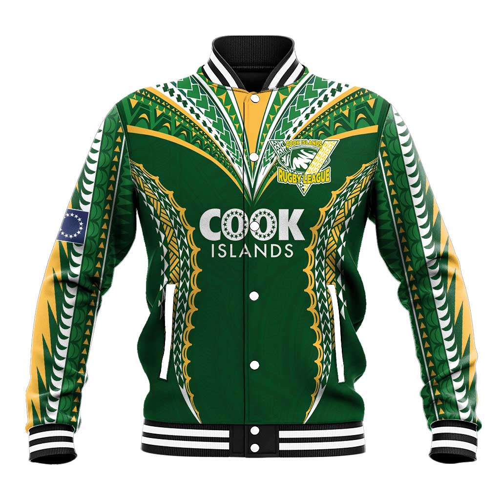 Custom Cook Islands Rugby League Baseball Jacket Tatau Tribal Pattern-Special Edition Green Color