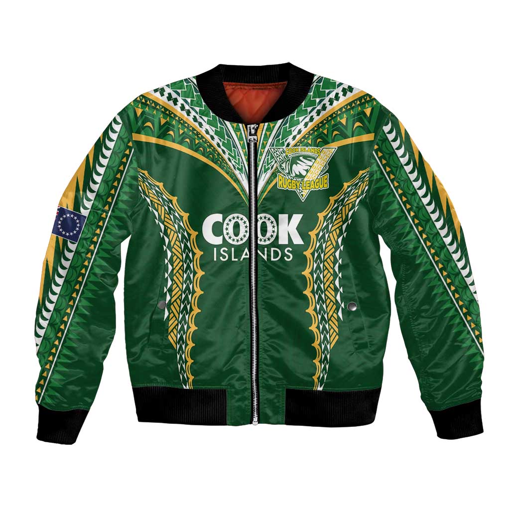 Custom Cook Islands Rugby League Bomber Jacket Tatau Tribal Pattern-Special Edition Green Color