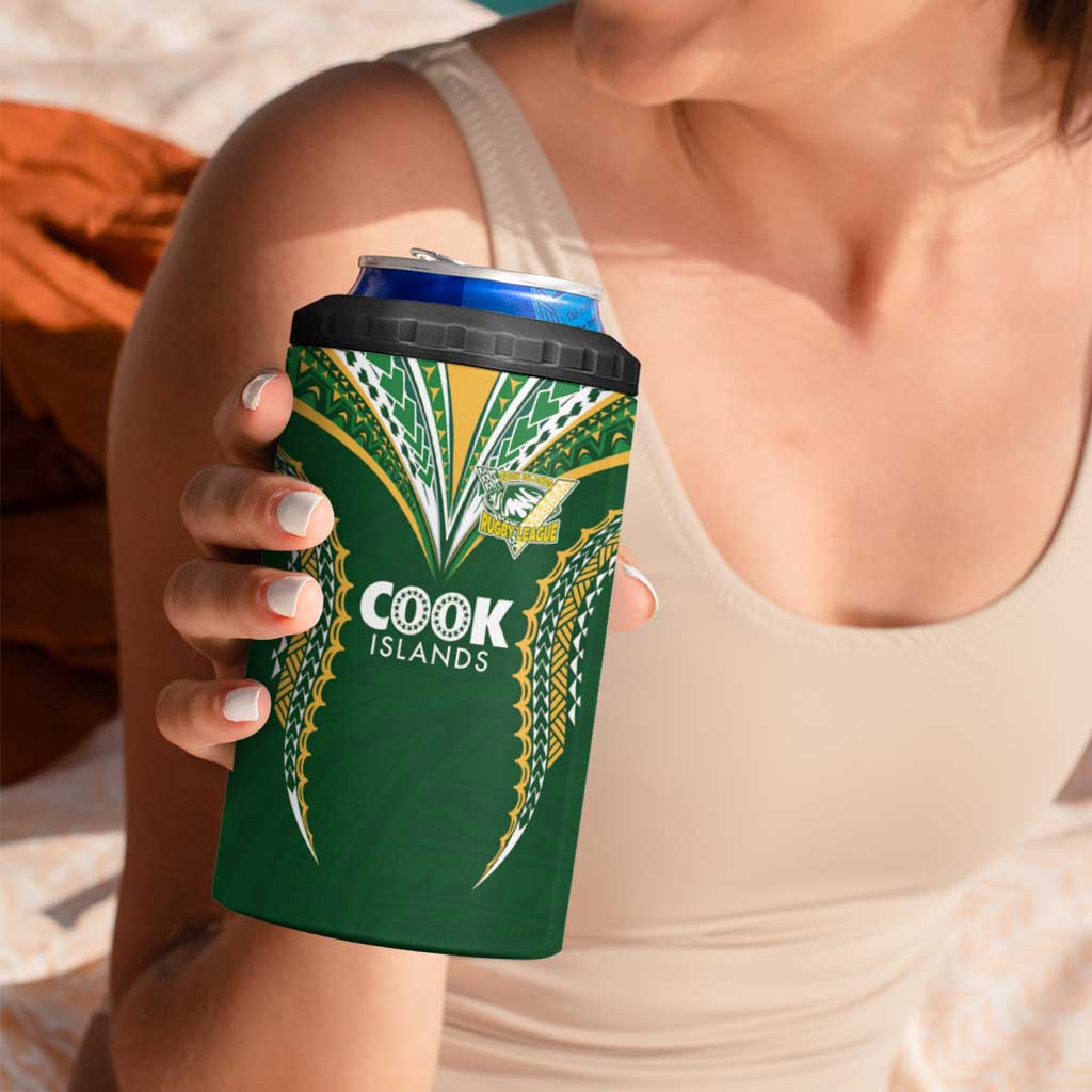 Custom Cook Island Rugby League 2025 4 in 1 Can Cooler Tumbler Tatau Tribal Pattern-Special Edition Green Color