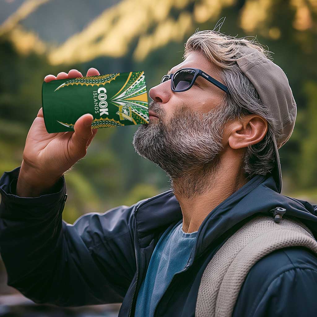 Custom Cook Island Rugby League 2025 4 in 1 Can Cooler Tumbler Tatau Tribal Pattern-Special Edition Green Color