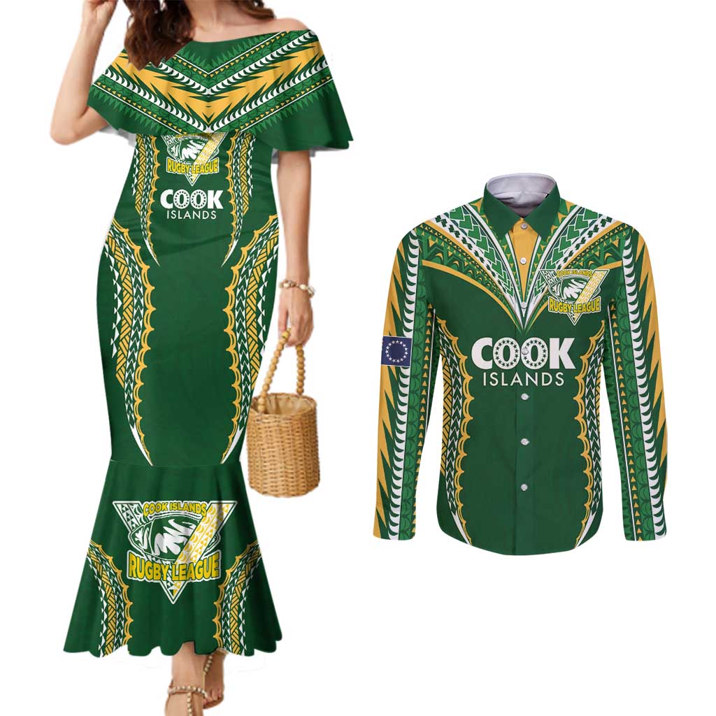 Custom Cook Islands Rugby League Couples Matching Mermaid Dress and Long Sleeve Button Shirt Tatau Tribal Pattern-Special Edition Green Color