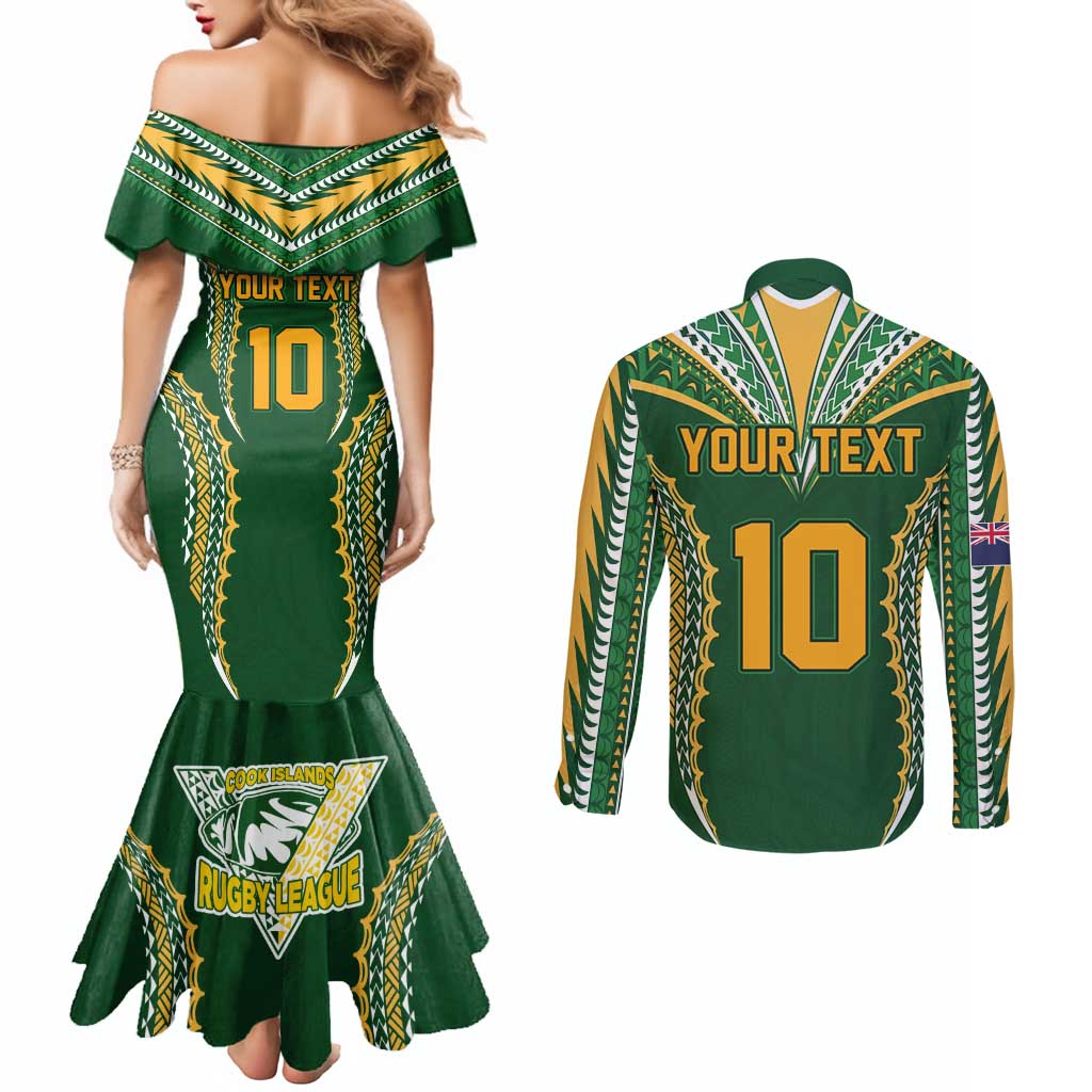 Custom Cook Islands Rugby League Couples Matching Mermaid Dress and Long Sleeve Button Shirt Tatau Tribal Pattern-Special Edition Green Color