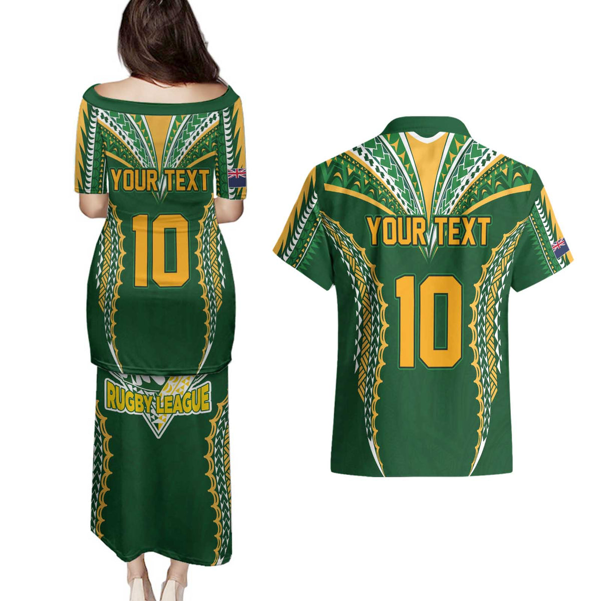 Custom Cook Islands Rugby League Couples Matching Puletasi and Hawaiian Shirt Tatau Tribal Pattern-Special Edition Green Color