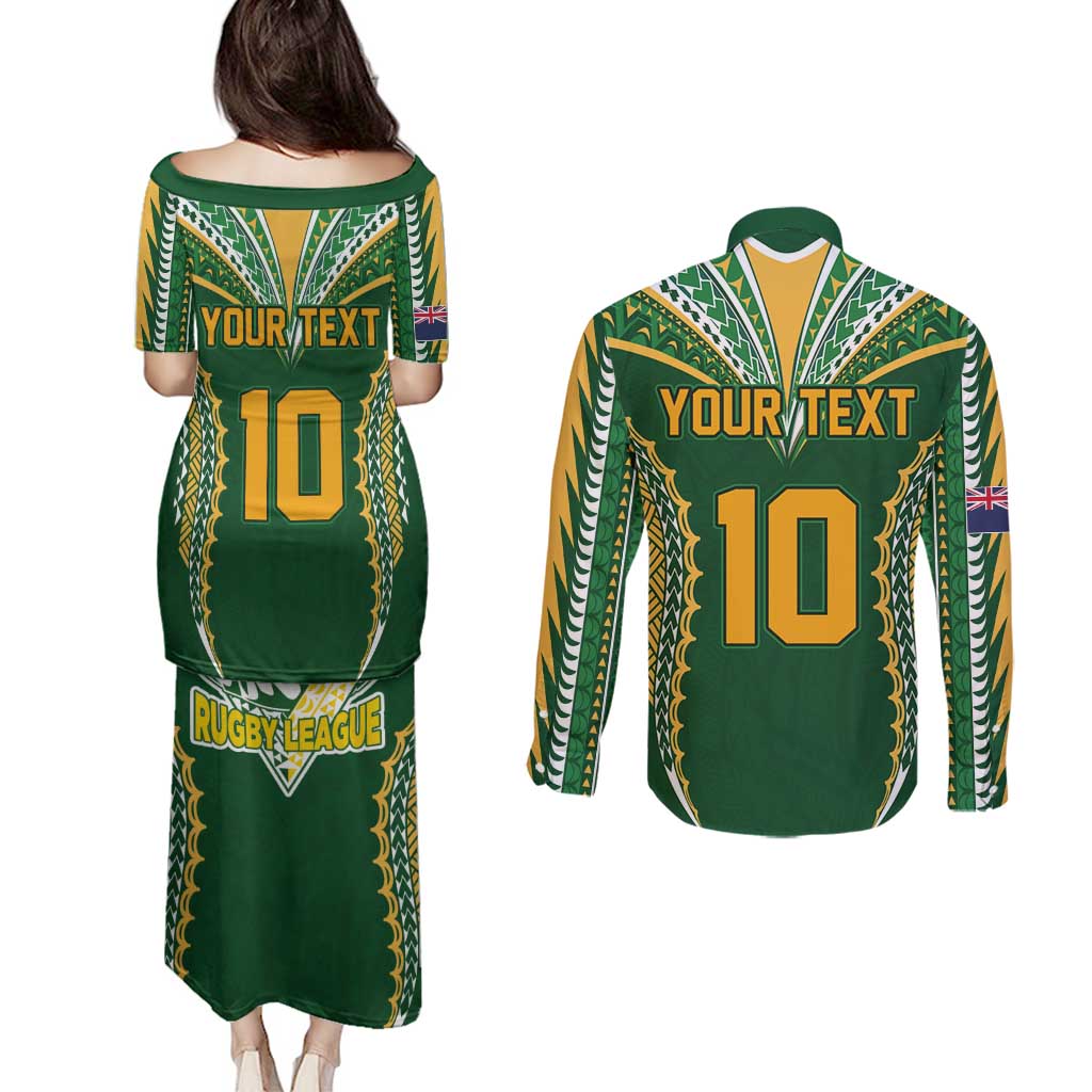 Custom Cook Islands Rugby League Couples Matching Puletasi and Long Sleeve Button Shirt Tatau Tribal Pattern-Special Edition Green Color