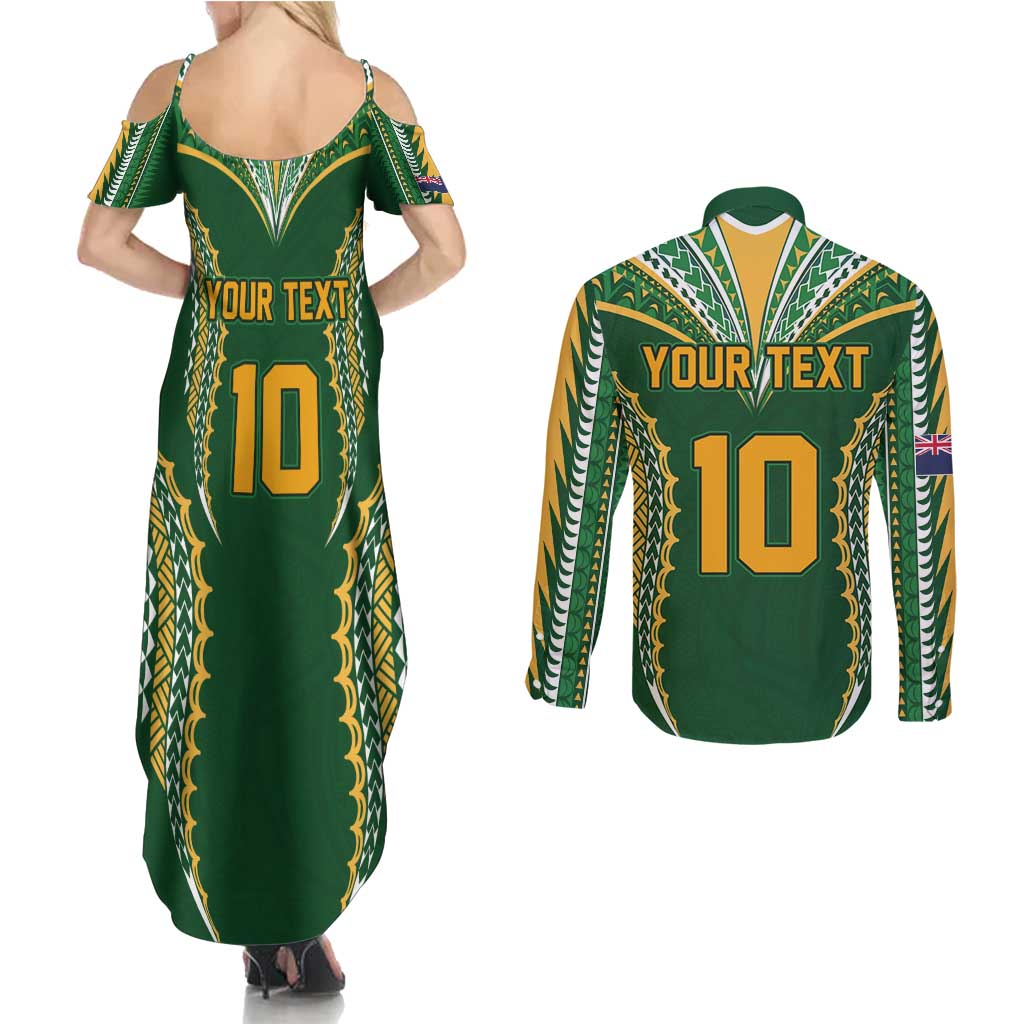 Custom Cook Islands Rugby League Couples Matching Summer Maxi Dress and Long Sleeve Button Shirt Tatau Tribal Pattern-Special Edition Green Color
