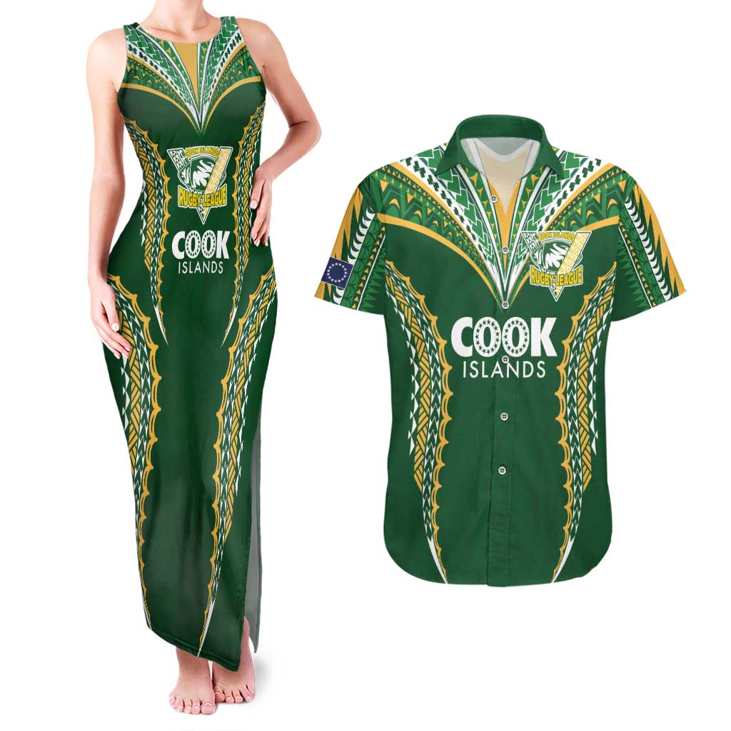 Custom Cook Islands Rugby League Couples Matching Tank Maxi Dress and Hawaiian Shirt Tatau Tribal Pattern-Special Edition Green Color