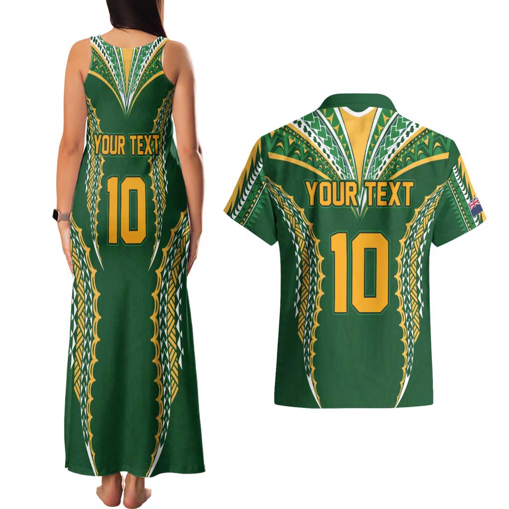 Custom Cook Islands Rugby League Couples Matching Tank Maxi Dress and Hawaiian Shirt Tatau Tribal Pattern-Special Edition Green Color