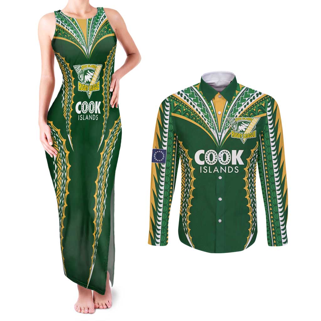 Custom Cook Islands Rugby League Couples Matching Tank Maxi Dress and Long Sleeve Button Shirt Tatau Tribal Pattern-Special Edition Green Color