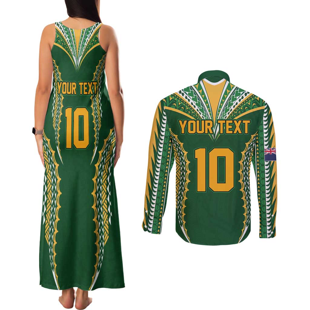 Custom Cook Islands Rugby League Couples Matching Tank Maxi Dress and Long Sleeve Button Shirt Tatau Tribal Pattern-Special Edition Green Color