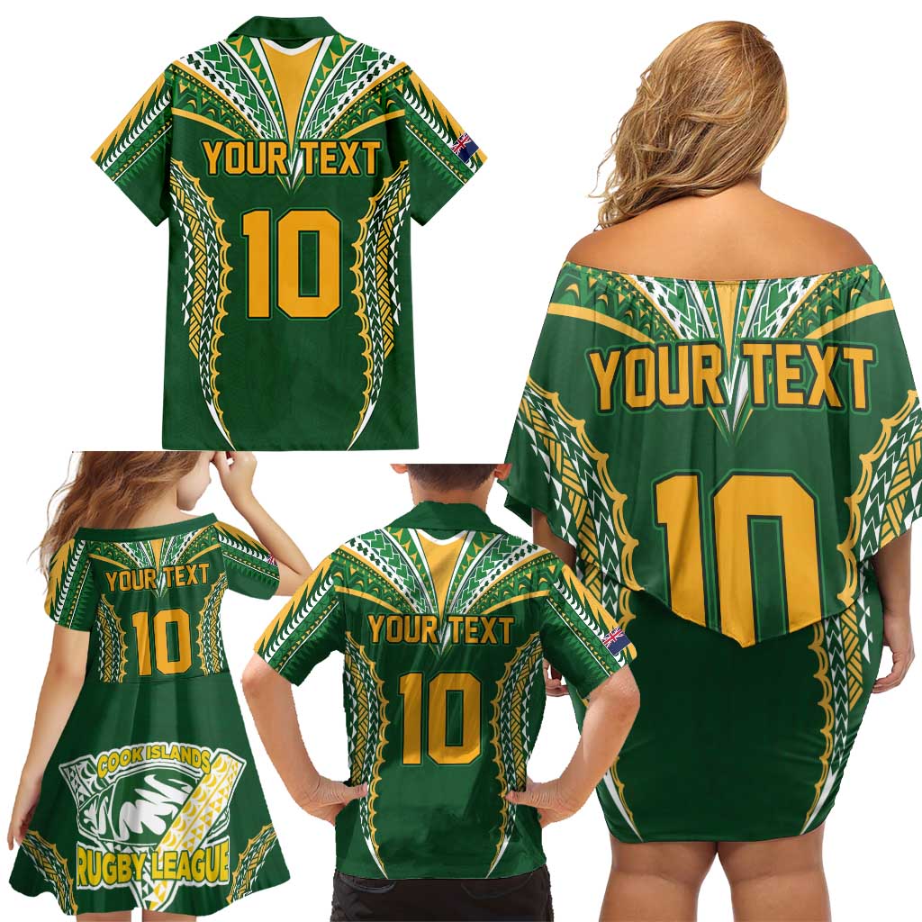 Custom Cook Islands Rugby League Family Matching Off Shoulder Short Dress and Hawaiian Shirt Tatau Tribal Pattern-Special Edition Green Color