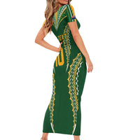 Custom Cook Islands Rugby League Family Matching Short Sleeve Bodycon Dress and Hawaiian Shirt Tatau Tribal Pattern-Special Edition Green Color