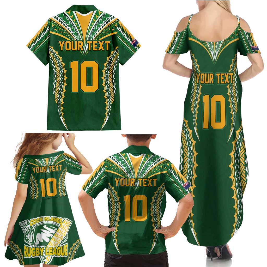 Custom Cook Islands Rugby League Family Matching Summer Maxi Dress and Hawaiian Shirt Tatau Tribal Pattern-Special Edition Green Color