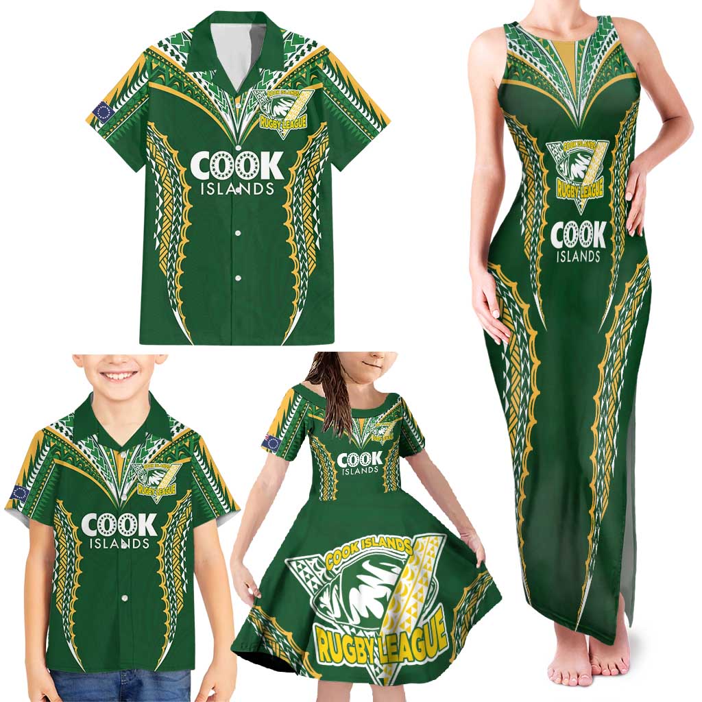 Custom Cook Islands Rugby League Family Matching Tank Maxi Dress and Hawaiian Shirt Tatau Tribal Pattern-Special Edition Green Color LT03 - Polynesian Pride