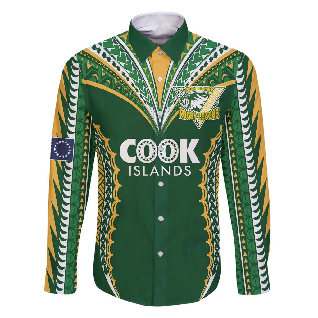 Custom Cook Islands Rugby League Family Matching Tank Maxi Dress and Hawaiian Shirt Tatau Tribal Pattern-Special Edition Green Color LT03 Dad's Shirt - Long Sleeve Green-Yellow - Polynesian Pride