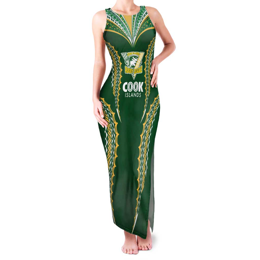Custom Cook Islands Rugby League Family Matching Tank Maxi Dress and Hawaiian Shirt Tatau Tribal Pattern-Special Edition Green Color LT03 Mom's Dress Green-Yellow - Polynesian Pride