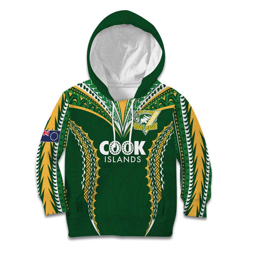 Custom Cook Islands Rugby League Kid Hoodie Tatau Tribal Pattern-Special Edition Green Color