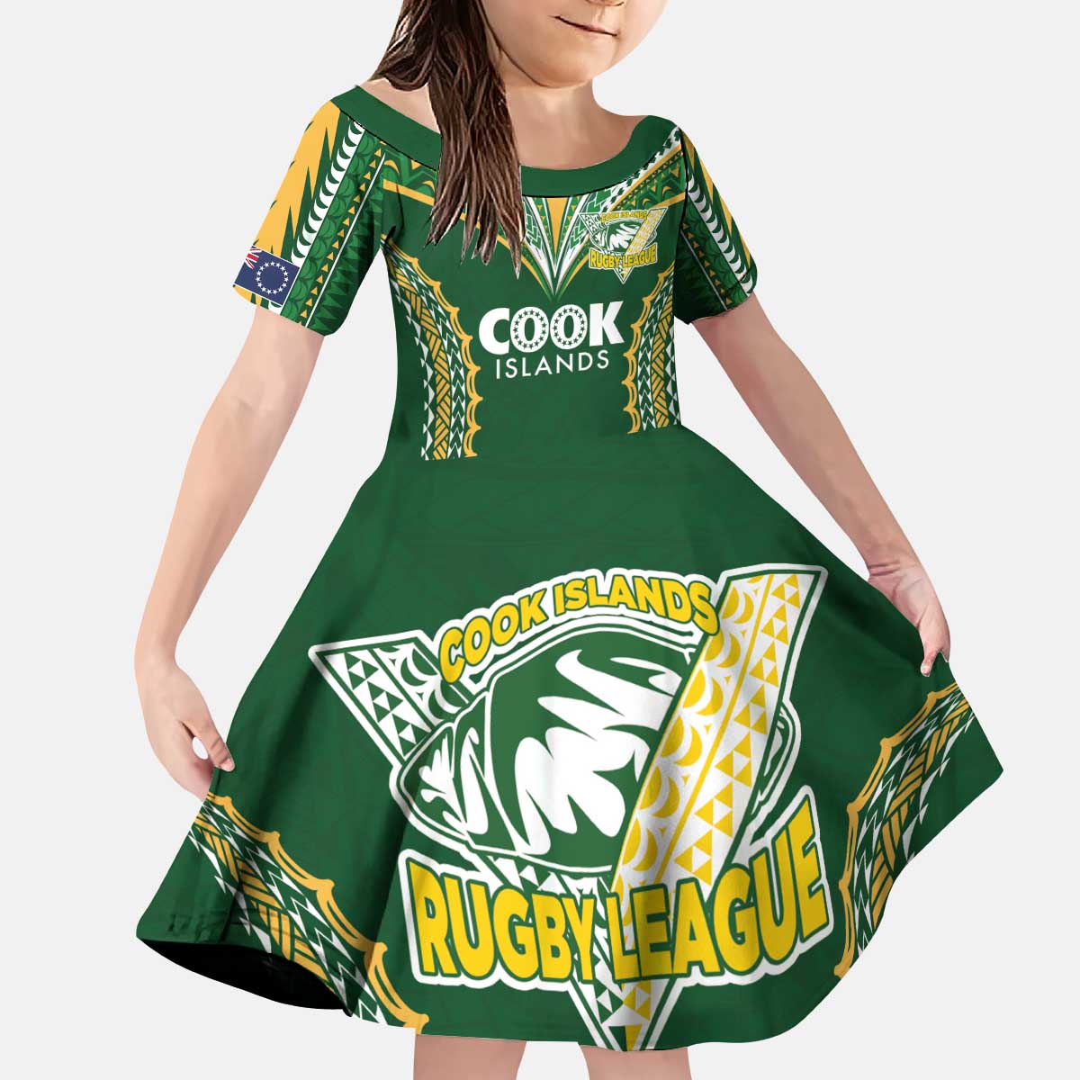 Custom Cook Islands Rugby League Kid Short Sleeve Dress Tatau Tribal Pattern-Special Edition Green Color
