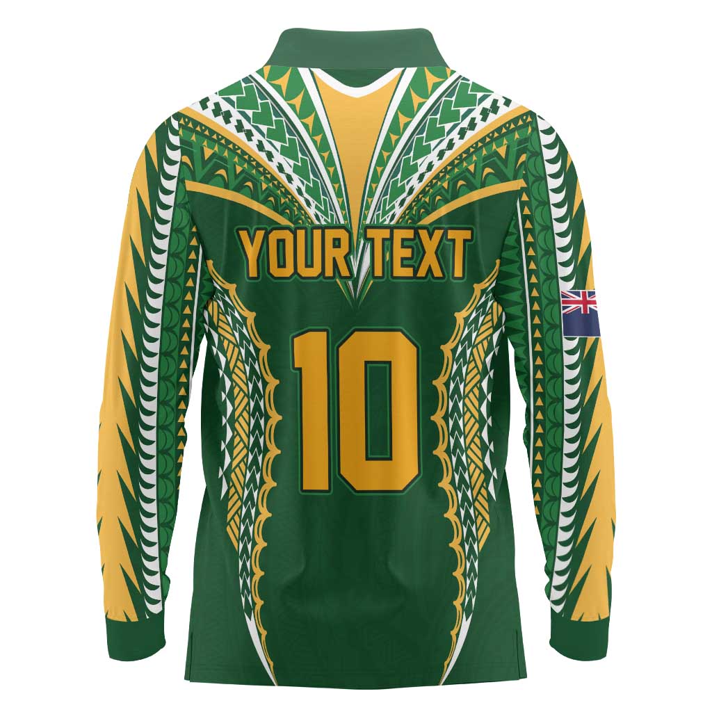 Custom Cook Islands Rugby League Long Sleeve Polo Shirt Tatau Tribal Pattern-Special Edition Green Color