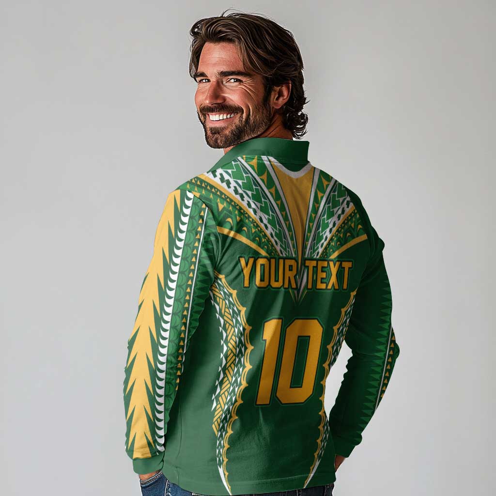 Custom Cook Islands Rugby League Long Sleeve Polo Shirt Tatau Tribal Pattern-Special Edition Green Color