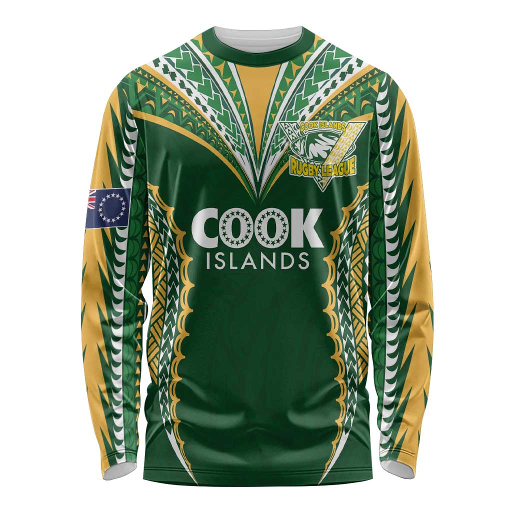Custom Cook Islands Rugby League Long Sleeve Shirt Tatau Tribal Pattern-Special Edition Green Color