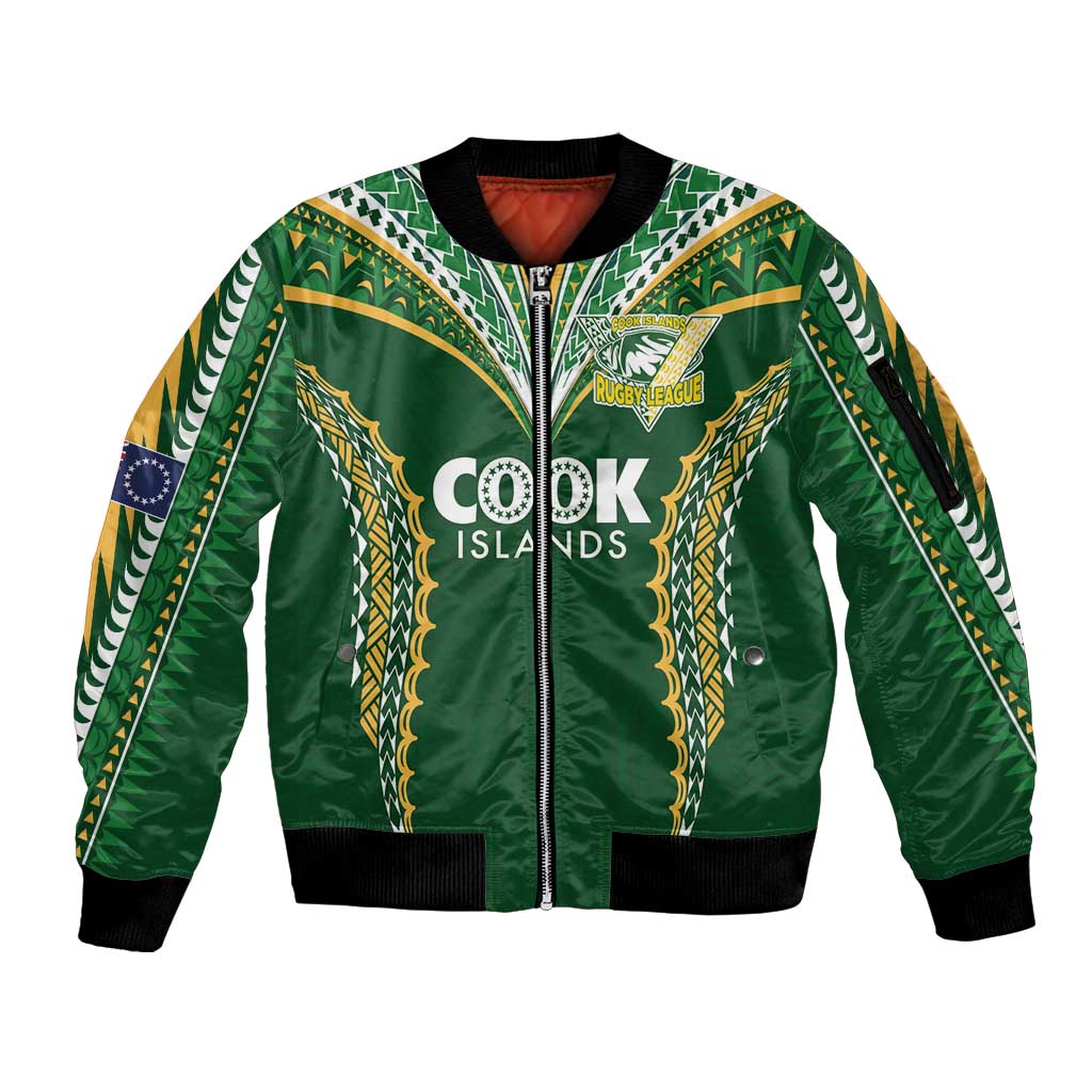 Custom Cook Islands Rugby League Sleeve Zip Bomber Jacket Tatau Tribal Pattern-Special Edition Green Color