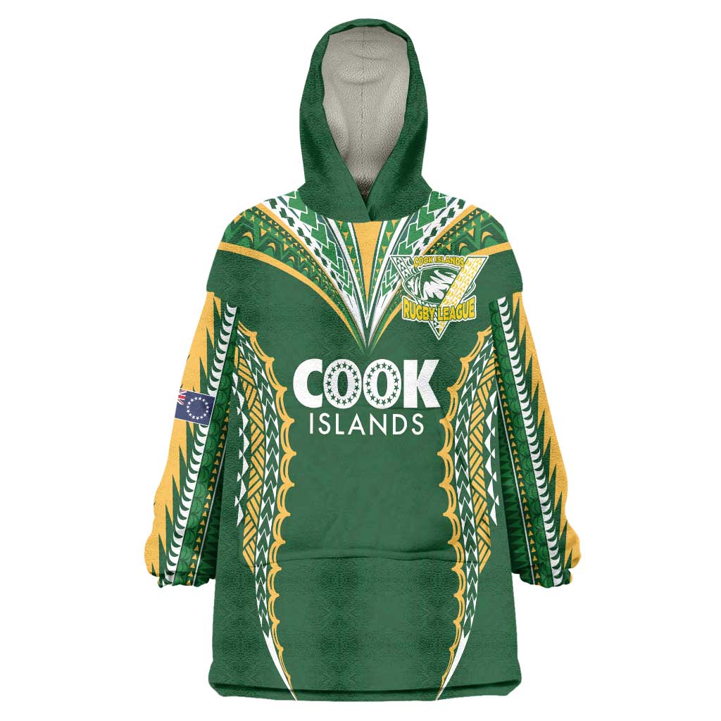 Custom Cook Islands Rugby League Wearable Blanket Hoodie Tatau Tribal Pattern-Special Edition Green Color