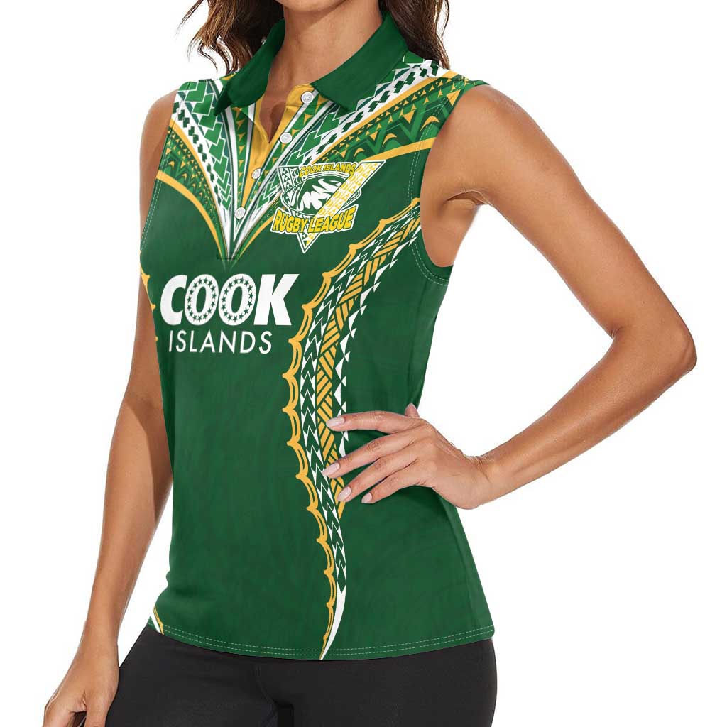 Custom Cook Islands Rugby League Women Sleeveless Polo Shirt Tatau Tribal Pattern-Special Edition Green Color