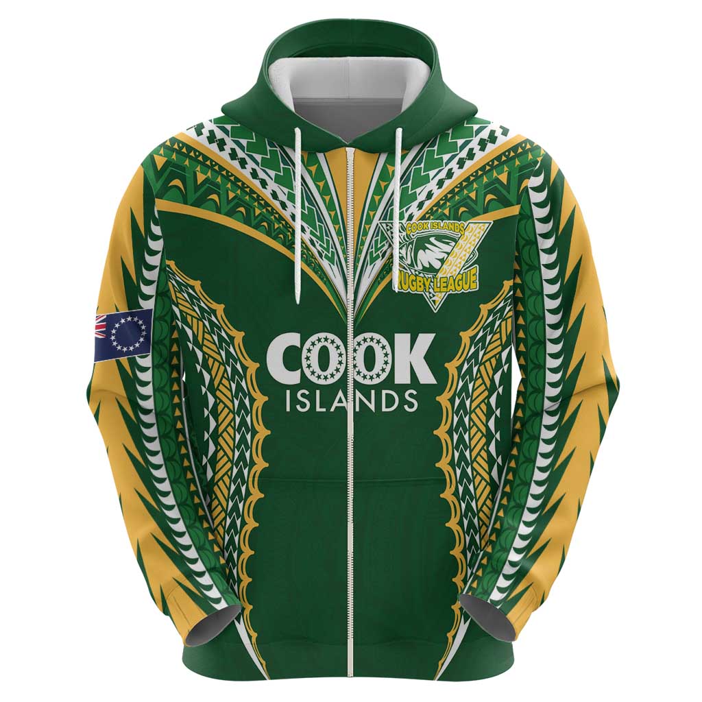 Custom Cook Islands Rugby League Zip Hoodie Tatau Tribal Pattern-Special Edition Green Color